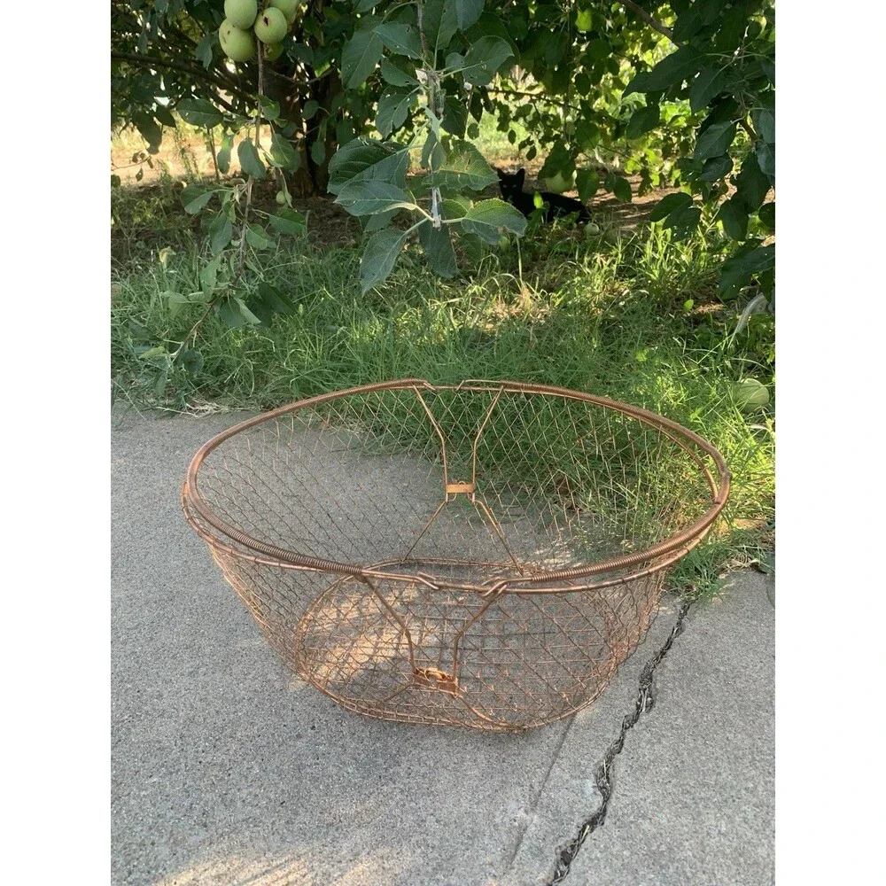 Large Collapsible Copper Wire Basket Egg Fruit Vegetables 18x13x8 in Vintage